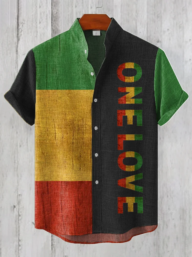 Men's Reggae One Love Print Linen Blend Shirt