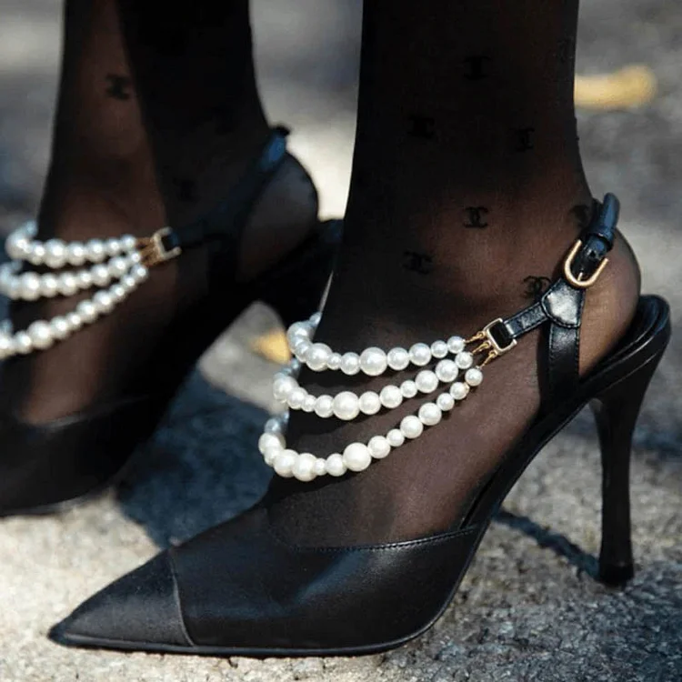 Black Pointed Evening Pumps Pearls Chains Shoe Stilettos Sexy Heels |FSJ Shoes