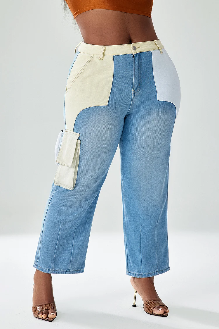 Xpluswear Design Plus Size Casual Cargo Jeans Blue Daily Patchwork Jeans