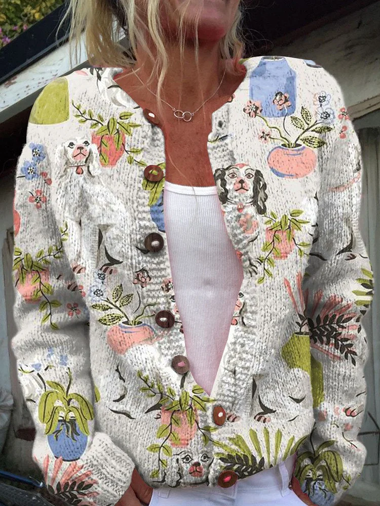 Women's Lovely Dogs Floral Art Print Buttoned Cardigan Sweater