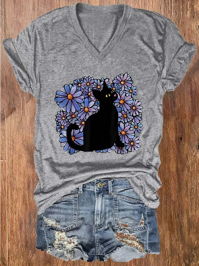 Women's Floral Black Cat Alzheimer's Awareness Print V-Neck T-Shirt