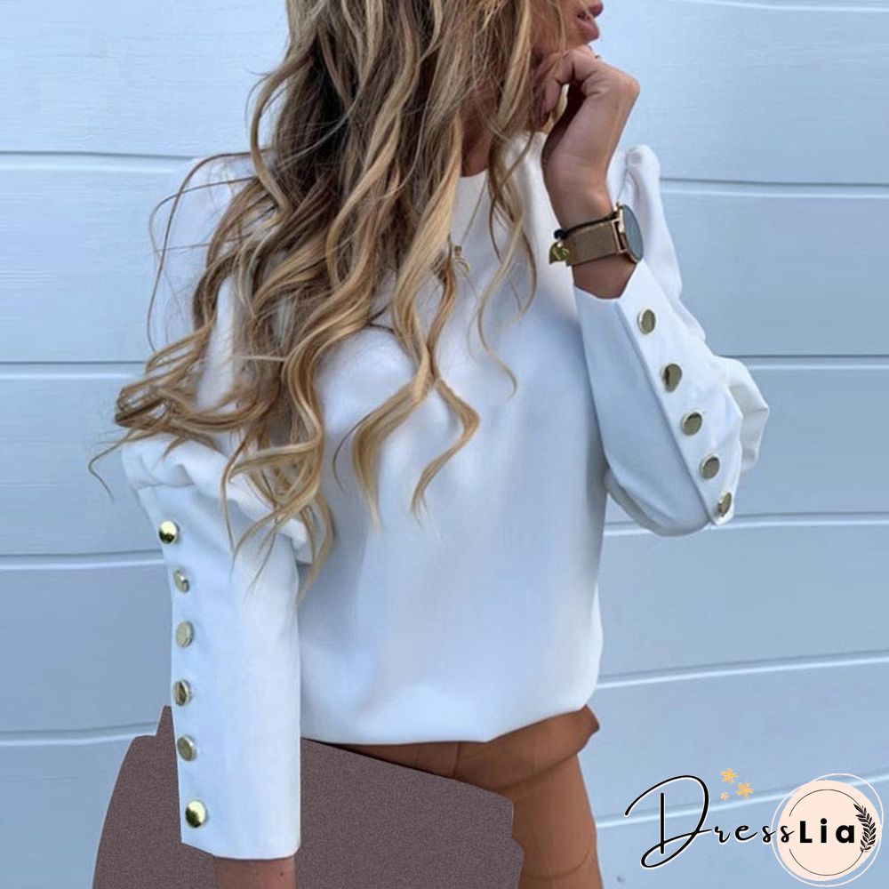 Designer Women Chiffon Blouse Long Sleeve Back Metal Buttons Shirt Ladies Autumn O Neck Casual Print Blouses Plus Size Tops