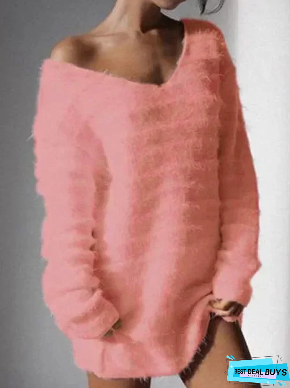Women V Neck Fuzzy Sweater Solid Cashmere Fleece