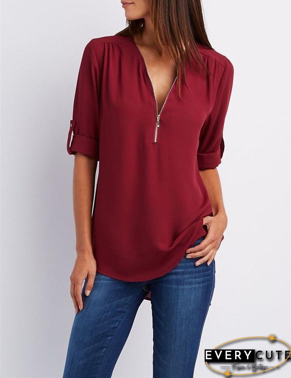Chiffon Half Sleeve Zipper Solid V neck High Low Blouse