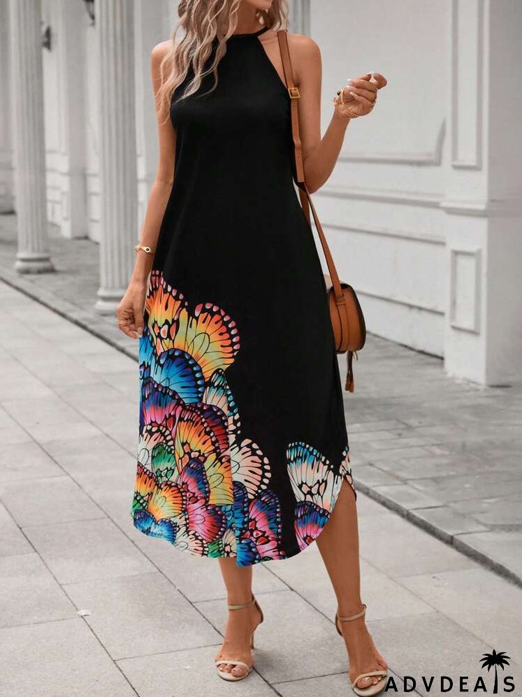 Butterfly Print Curved Hem Halter Dress