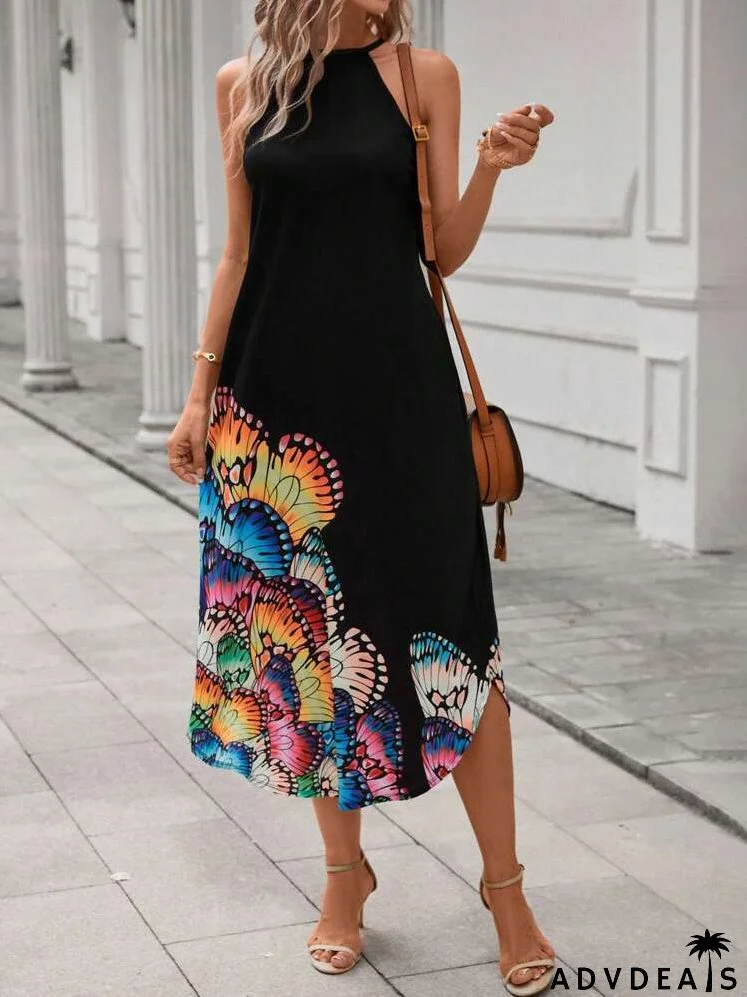 Butterfly Print Curved Hem Halter Dress