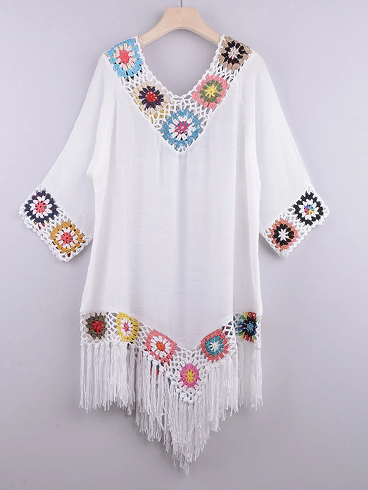 Casual Floral Crochet Fringed V Neck Cover-Up Blouse