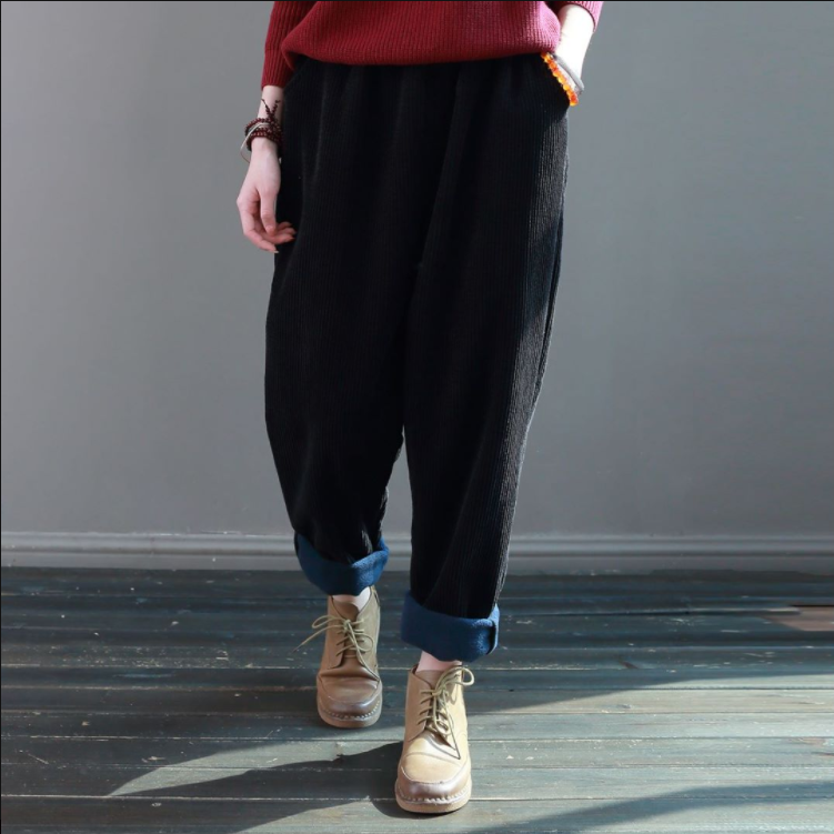 Winter Baggy Pants, Casual Corduroy Pants, Black Pocket Pants