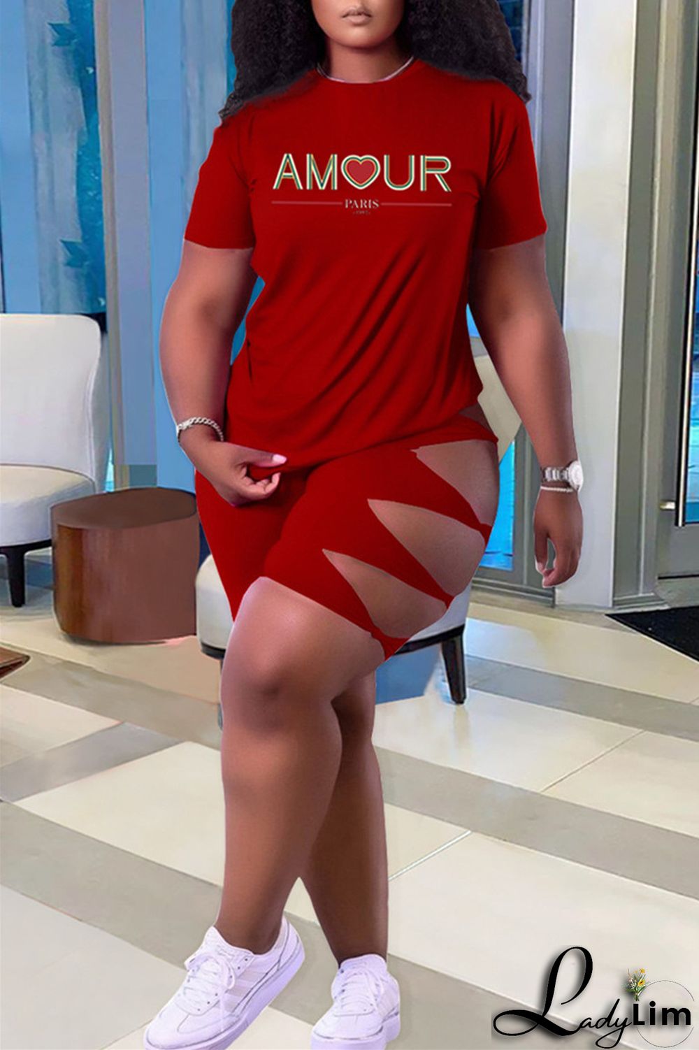 Green Fashion Casual Letter Print Ripped O Neck Plus Size Two Pieces