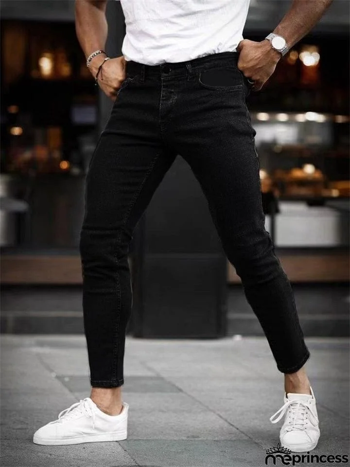 Male Solid Color Slim Fit Personality Jeans