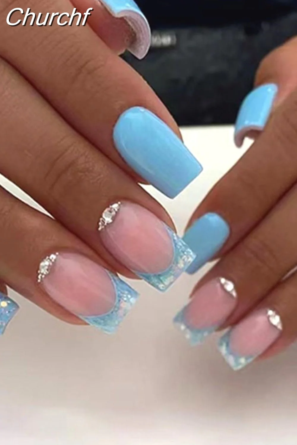 Churchf Wave Line Short Ballet French False Nails With Flower design Square Head Fake Nail Tips Simple Wearable Press On Nails-Nail Inspo