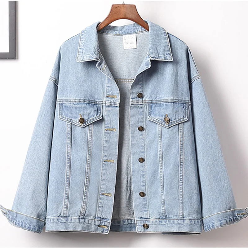 Zoki Plus Size Women Denim Jacket Fashion Sequins Autumn Jean Coat Casual Loose Cotton Long Sleeve Singe Breasted Outwear 2021