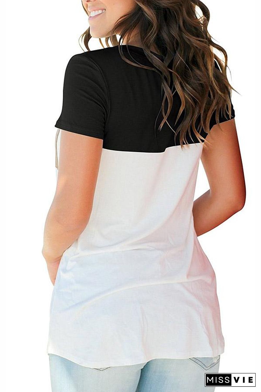 Mixed Color Pocket V Neck Top