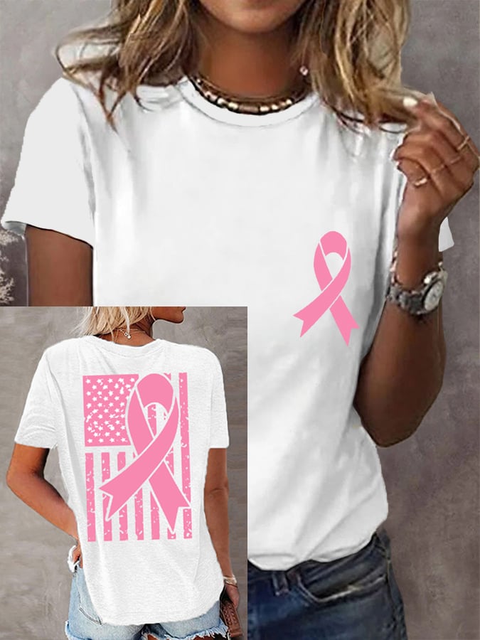 Women's Pink Ribbon Breast Cancer Awareness American Flag Tee