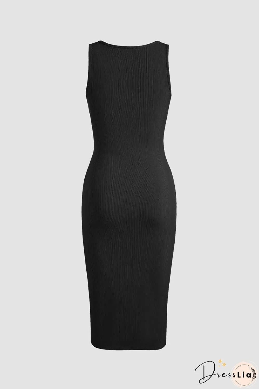 Black Drawstring Ruched Side Split Ribbed Midi Dress
