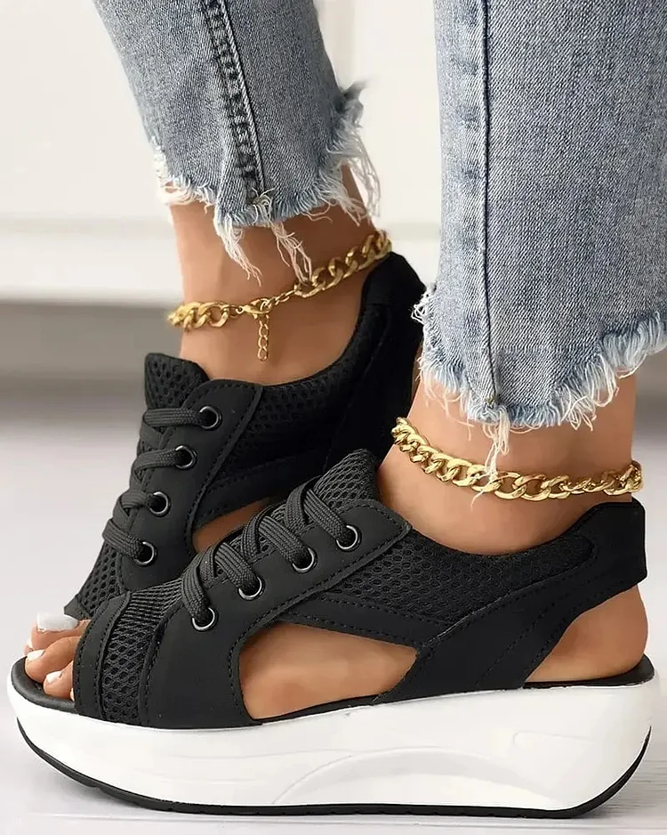 Contrast Paneled Cutout Lace-up Muffin Sandals👡 - tree - Codlins