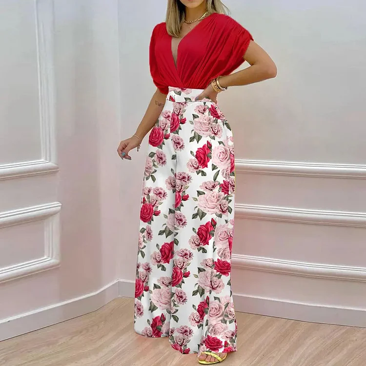 Utbros Fashion V-Neck Printed Wide-Leg Pants Casual Two Piece Set
