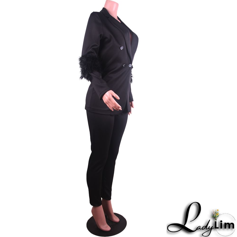 Fall Women Feather Blazer and Pant Two Piece