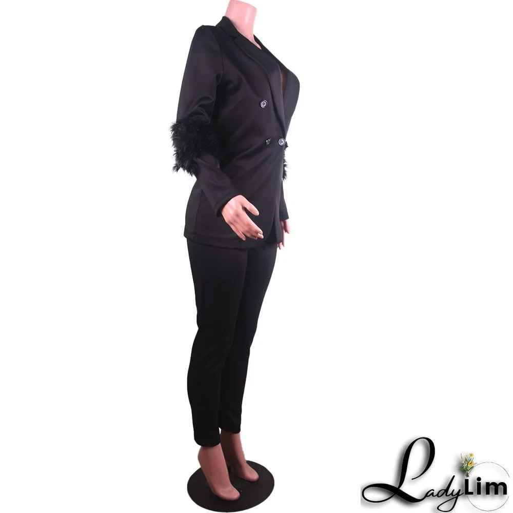 Fall Women Feather Blazer and Pant Two Piece