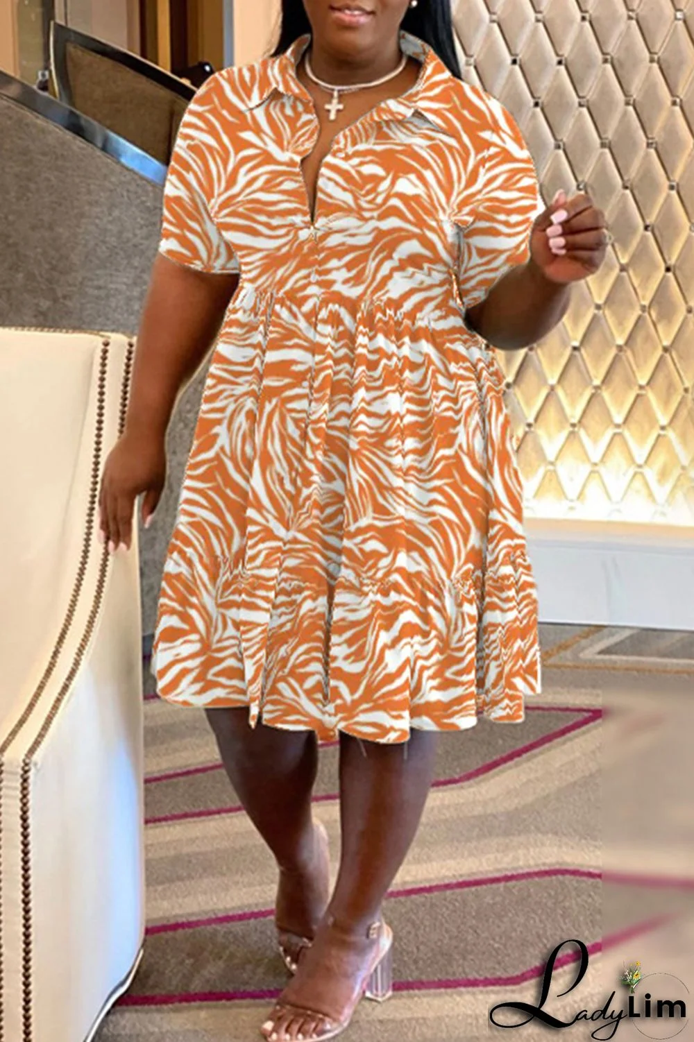 Purple Casual Print Patchwork Fold Turndown Collar A Line Plus Size Dresses