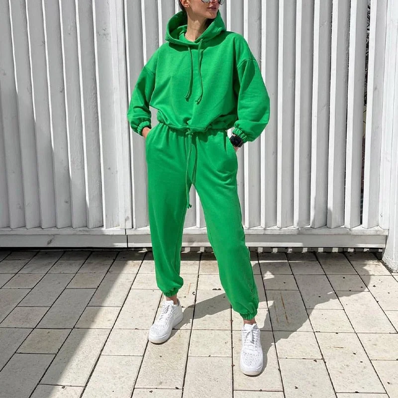 Women Casual Solid Pajama Set Long Sleeve Hoodie Sweatshirts And Drawstring Pant Two Piece Sets Autumn Winter Fashion Tracksuits
