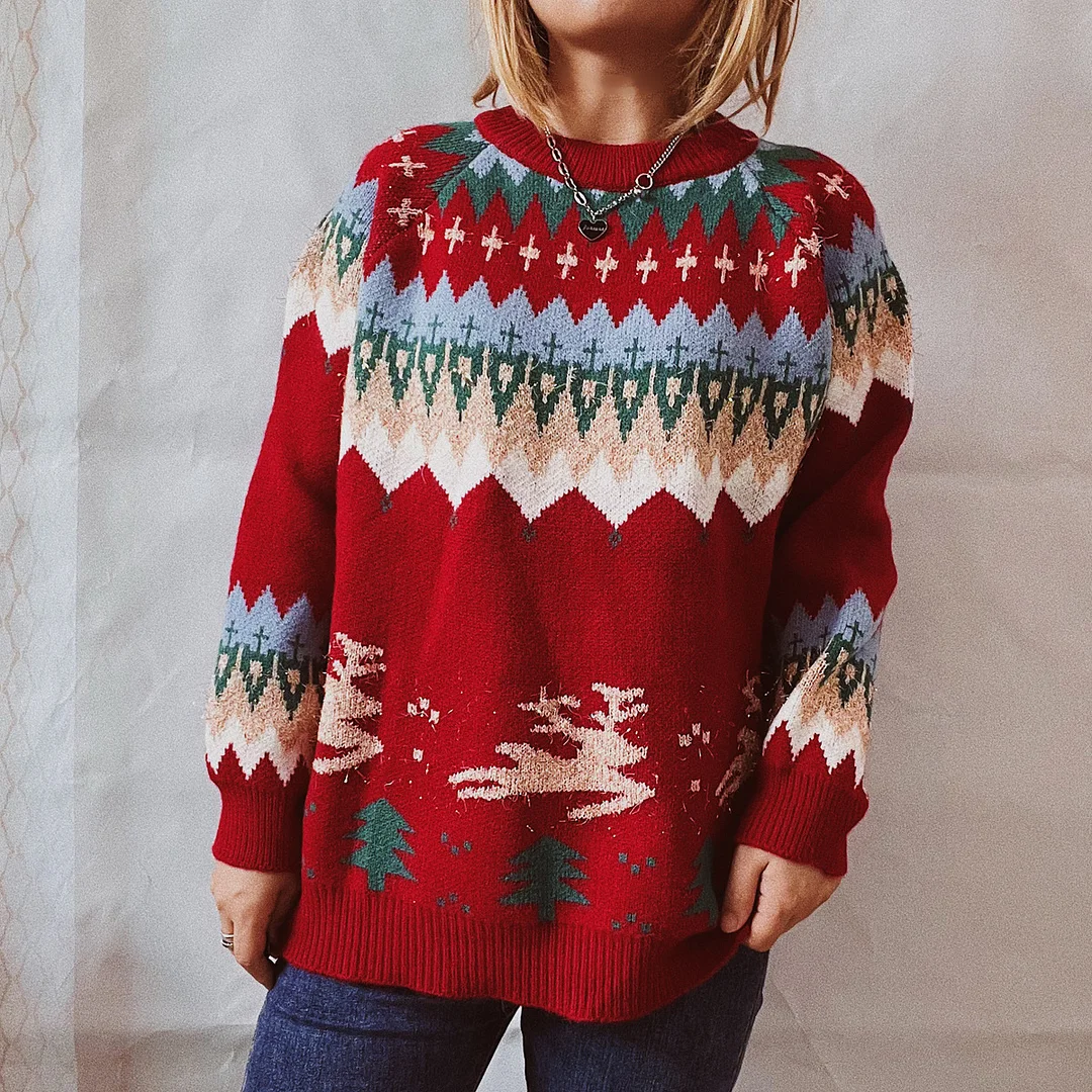 Christmas Elk Thick Raglan Sleeve Knit Pullover Sweater