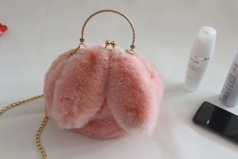 Women’s Plush Rabbit Solid Color Cute Round Lock Clasp Handbag Crossbody Bag
