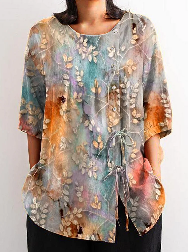 Women's Vintage Color Sfumato Plant Print Casual Cotton And Linen Shirt