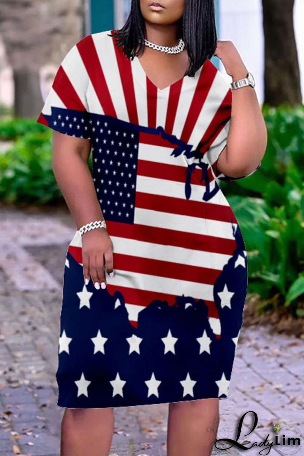 Deep Blue Casual Print Patchwork V Neck Dresses