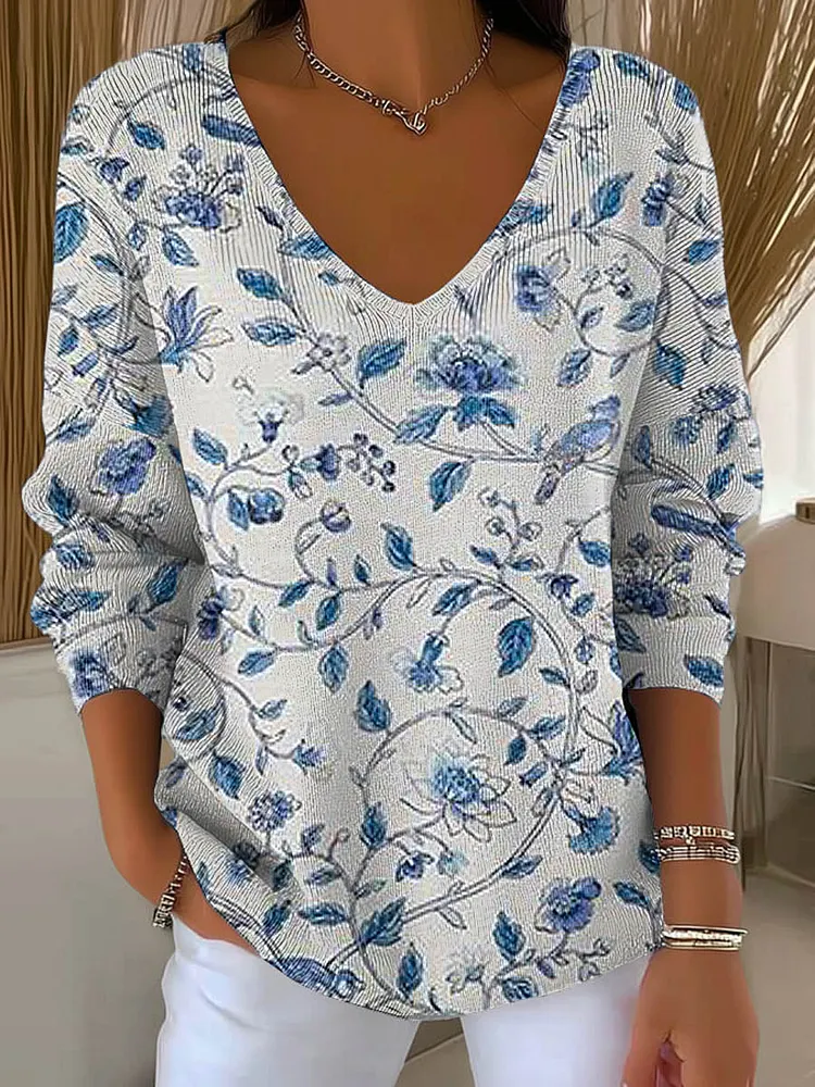Women's Floral Pattern Art Print Casual Pullover Sweater