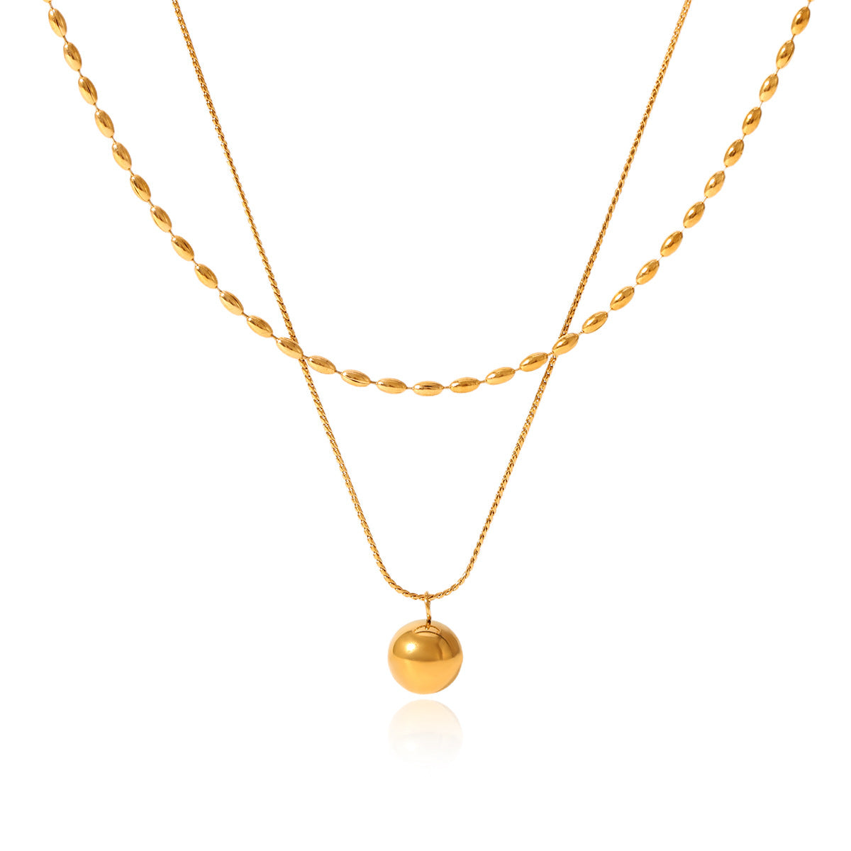 Double-Layer Stainless Steel Necklace Oval Bead Chain Twisted Chain Small Gold Ball Pendant Necklace Titanium Steel Necklace