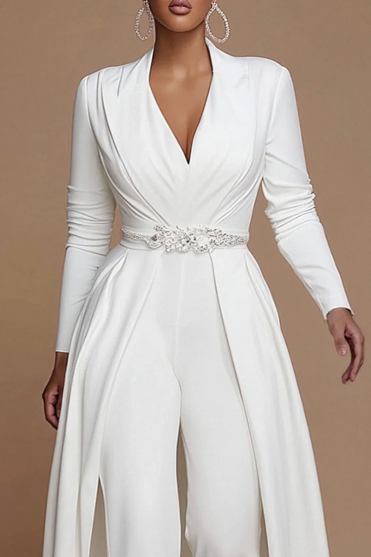 Xpluswear Design Plus Size Wedding Guest White V Neck Long Sleeve Peplum Elegant Jumpsuits