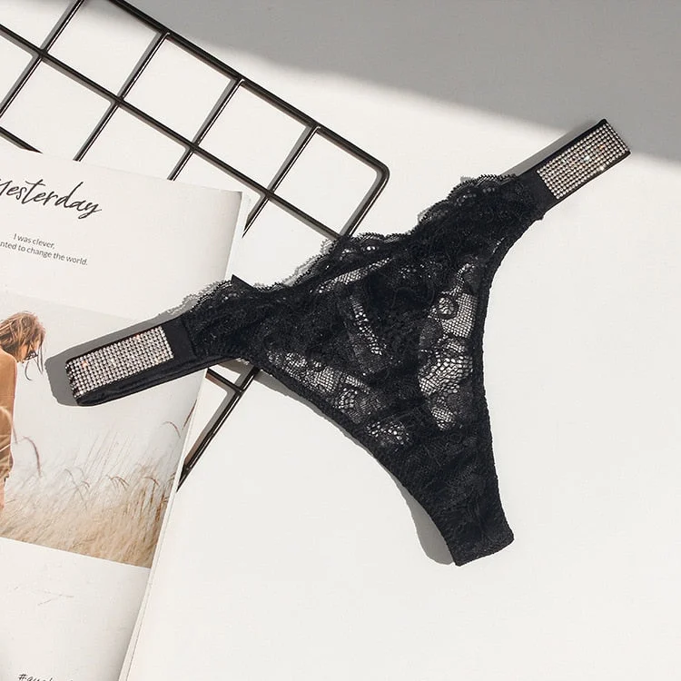 European Style Sexy Thong Women's Diamond Underwear Sexy Lace Panties Low Waist Seamless Transparent G-String Female Lingerie