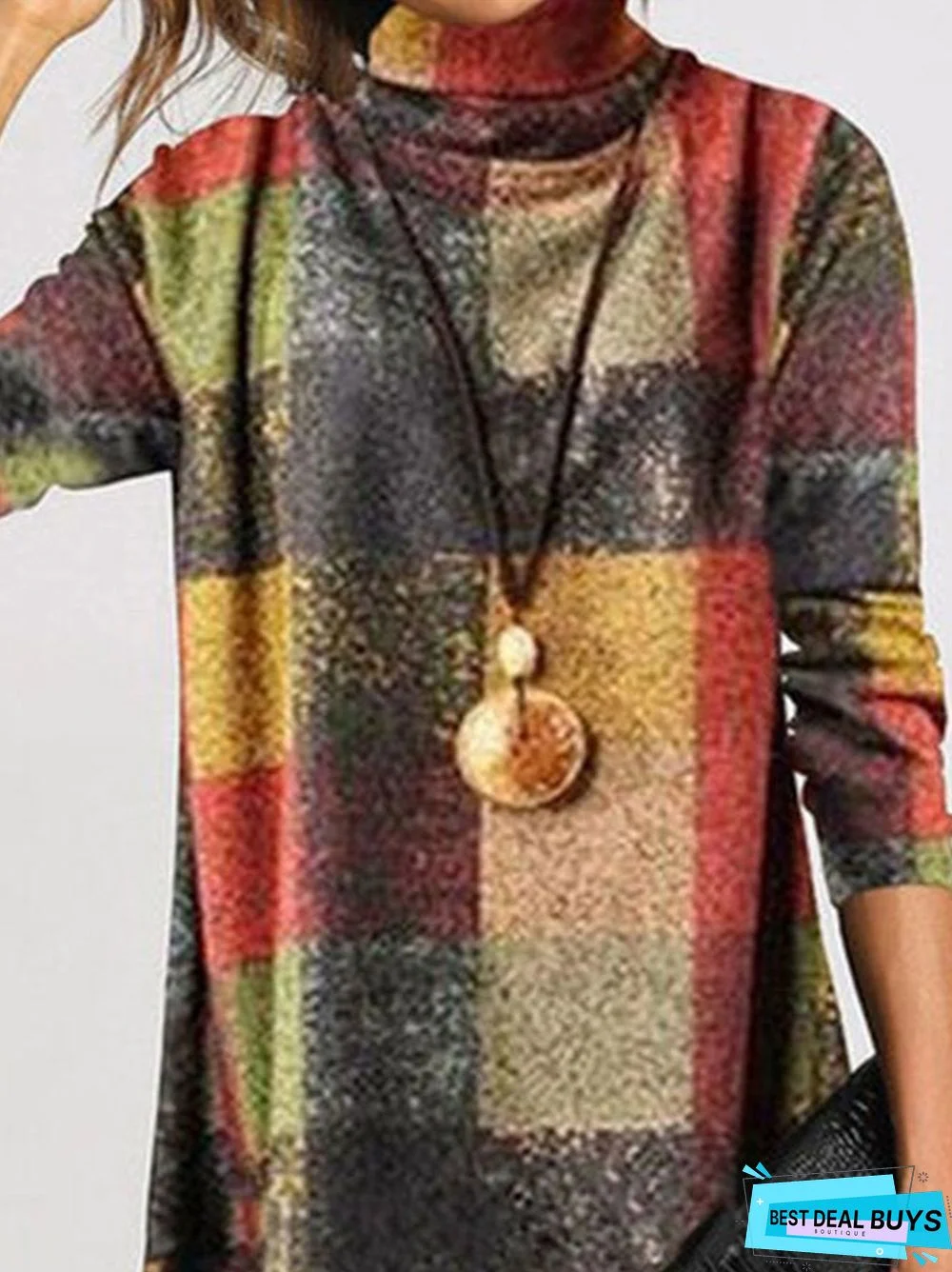 Vintage Plaid Long Sleeve Turtleneck Plus Size Casual Dresses