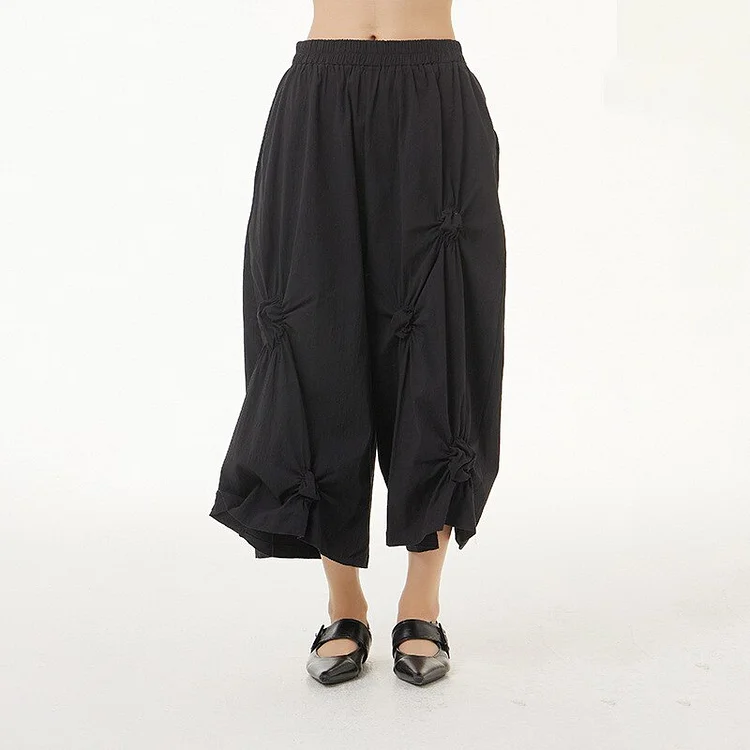 Temperament Solid Color Pleated Knot Elastic Waist Pants