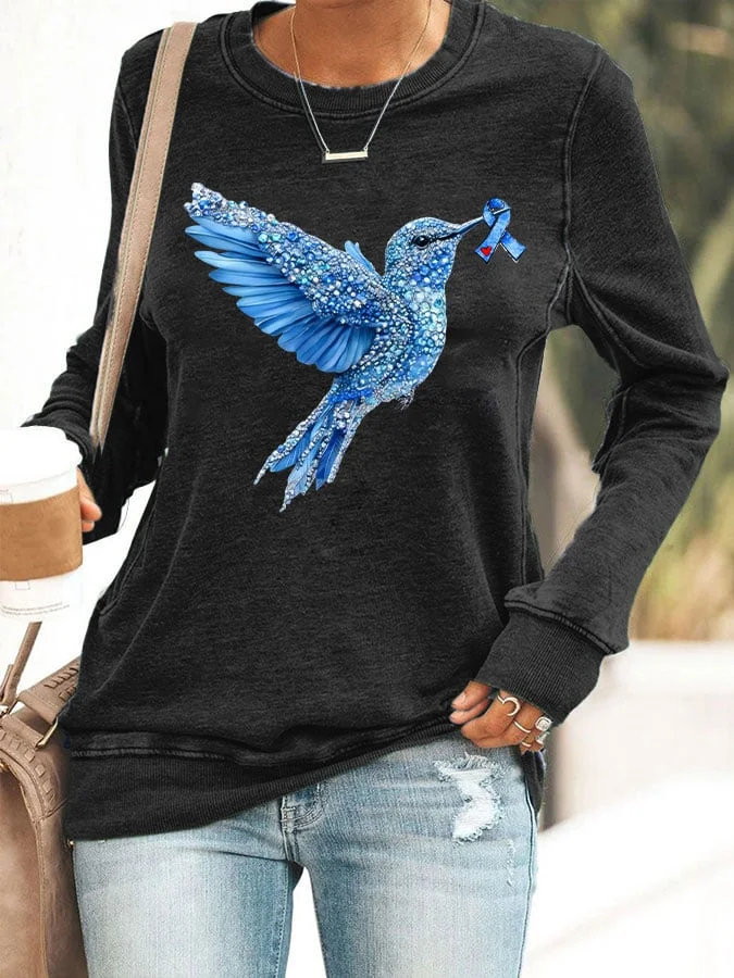 Women's Diabetes Awareness Hummingbird Ribbon Print Sweatshirt socialshop