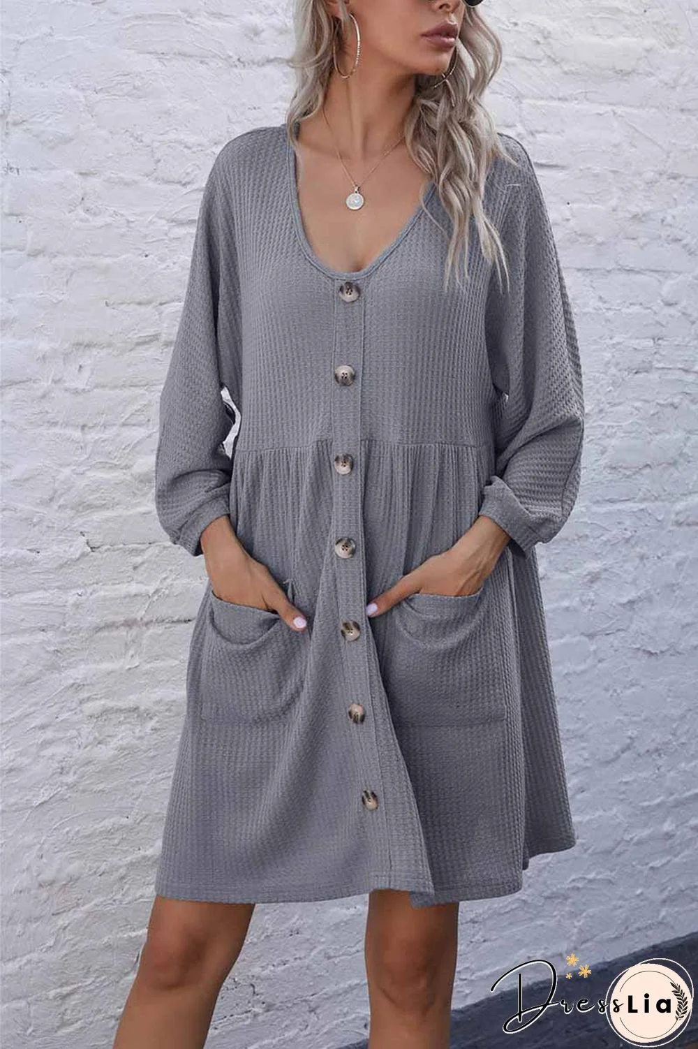 V-Neck Buttoned Loose Knit Hem Mini Dresses