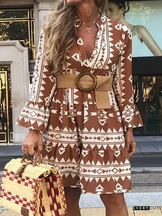 Dresses Geometric Print V-Neck Flare Sleeve Dress for Women