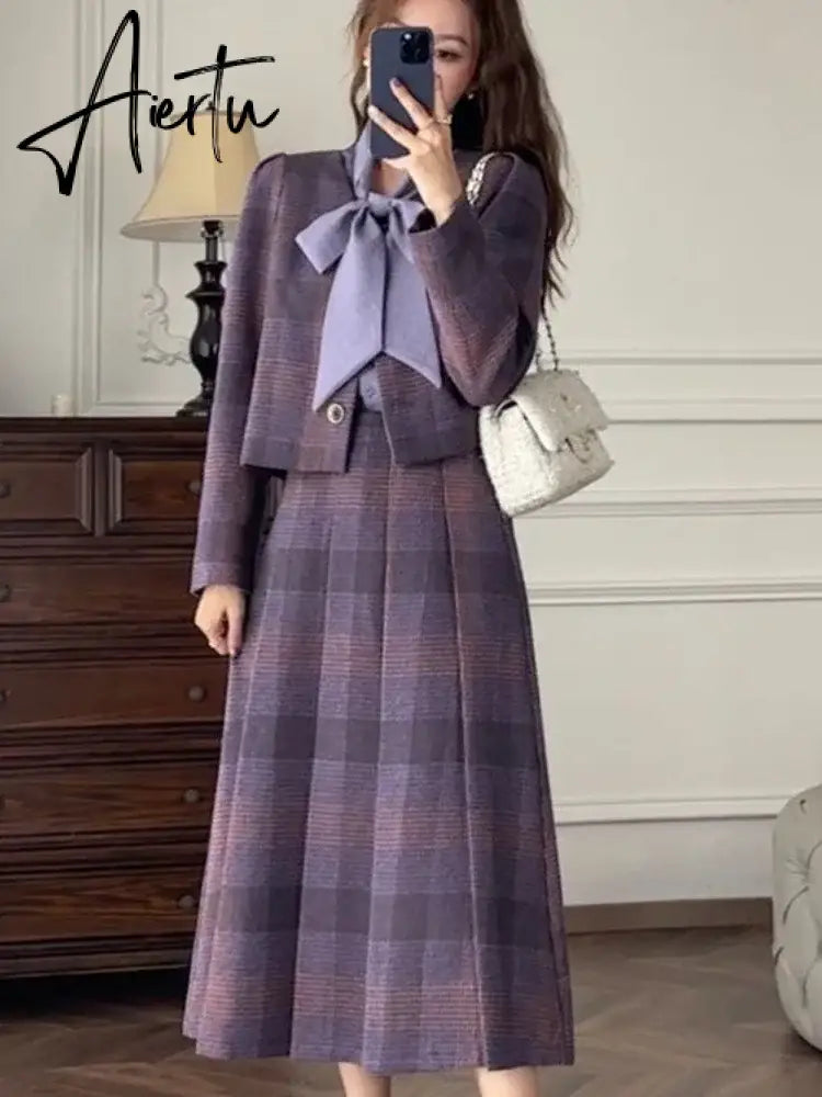Aiertu Two Piece Sets Women Outfits Autumn Purple Plaid Woolen Jacket Coat Half Skirt Set Korean Fashion Vintage Chic Elegant Set Aiertu