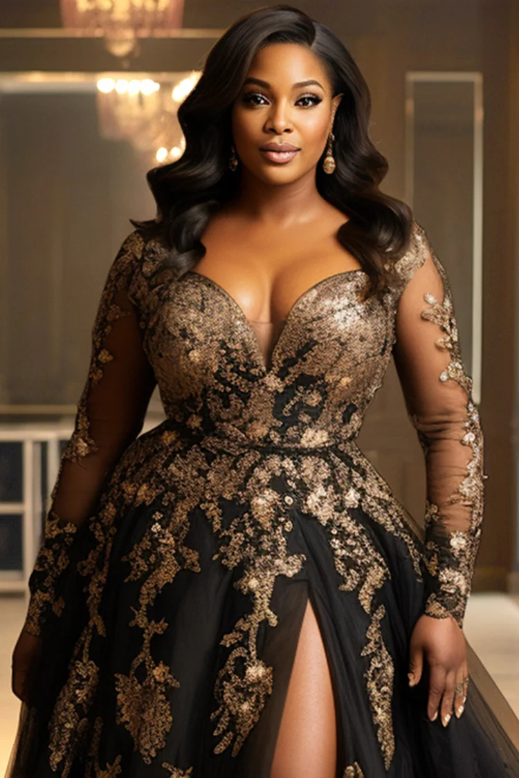 Xpluswear Design Plus Size Formal Black Elegant V Neck Long Sleeve Split See Through Tulle Maxi Dresses [Pre-Order]
