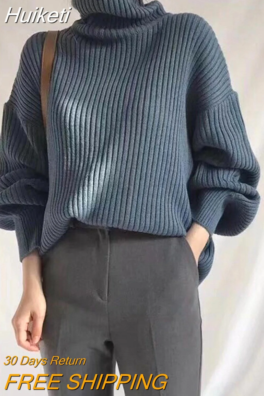 Huiketi Office Lady Elegant Turtleneck Sweaters Korean Fashion Lazy Wind Women Long Sleeve Knitted Pullovers Solid Vintage Jumpers