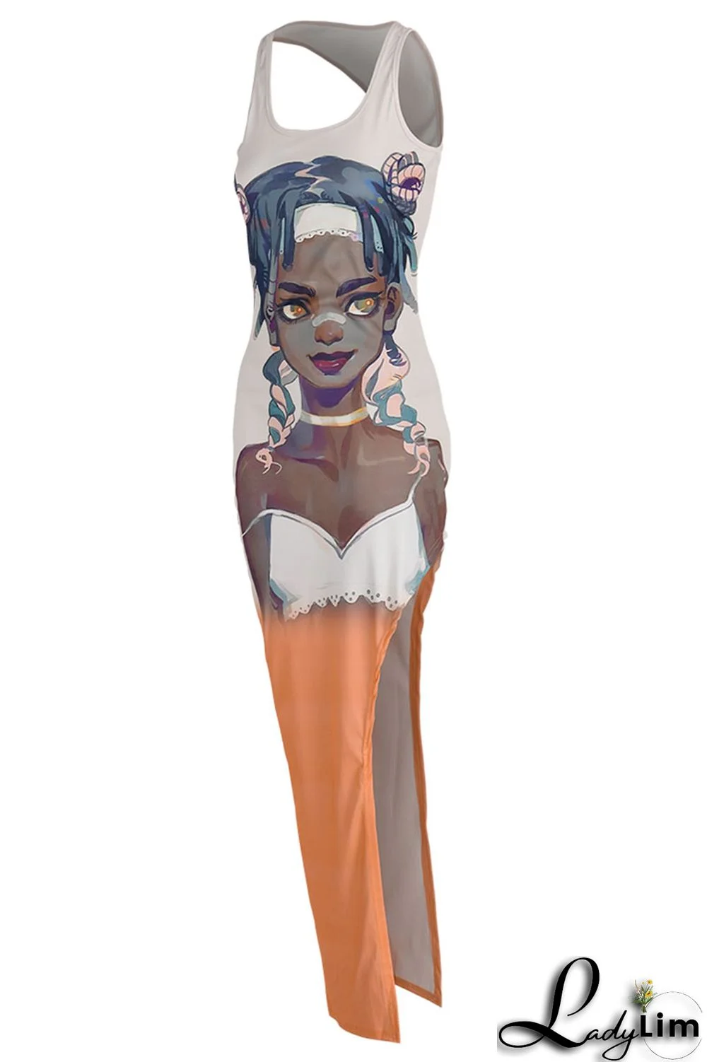 Orange Sexy Print Split Joint Slit O Neck Straight Dresses