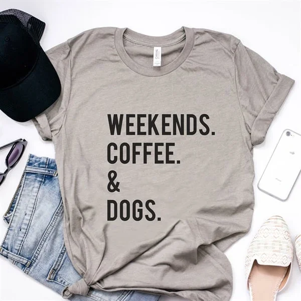 S-XXL Women Fashion Casual Summer Cotton T Shirts Female Ladies Letter Print Short Sleeves WEEKENDS COFFEE DOGS Graphic Tees In White Grey and Claret