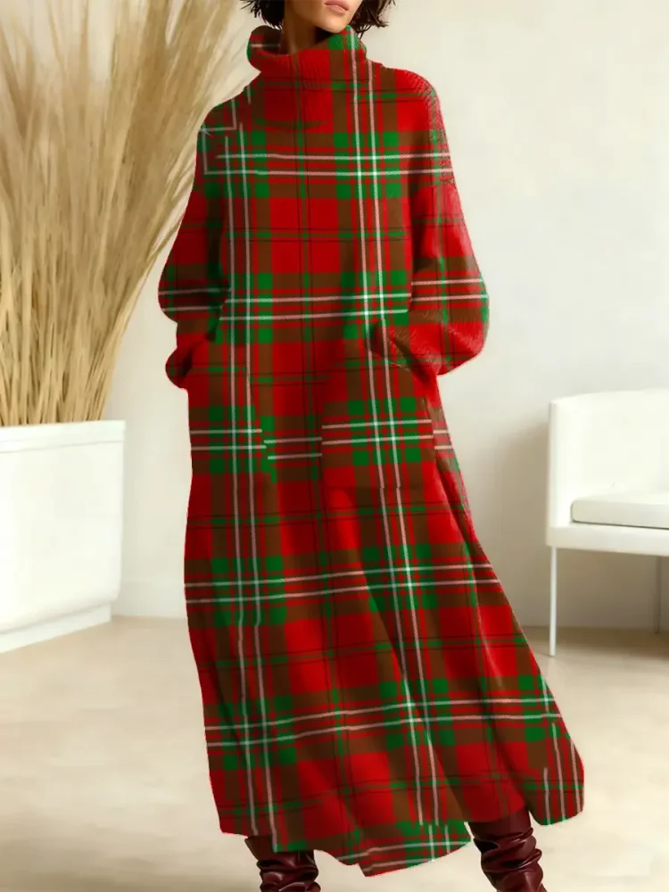 Women's Vintage Plaid Art Print Casual Cotton Knitted Dress