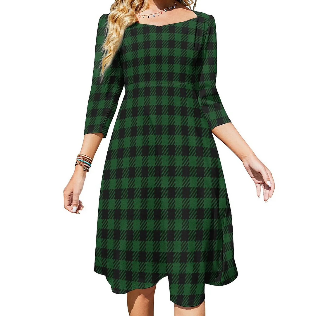 Green Buffalo Plaid Dress Sweetheart Tie Back Flared 3/4 Sleeve Midi Dresses