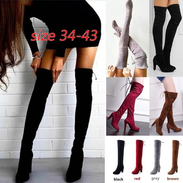 Women Stretch Slim Thigh High Boots Fashion Over The Knee High Heels Size 34-43 Red Black Grey Brown - Shop Trendy Women's Clothing | LoverChic