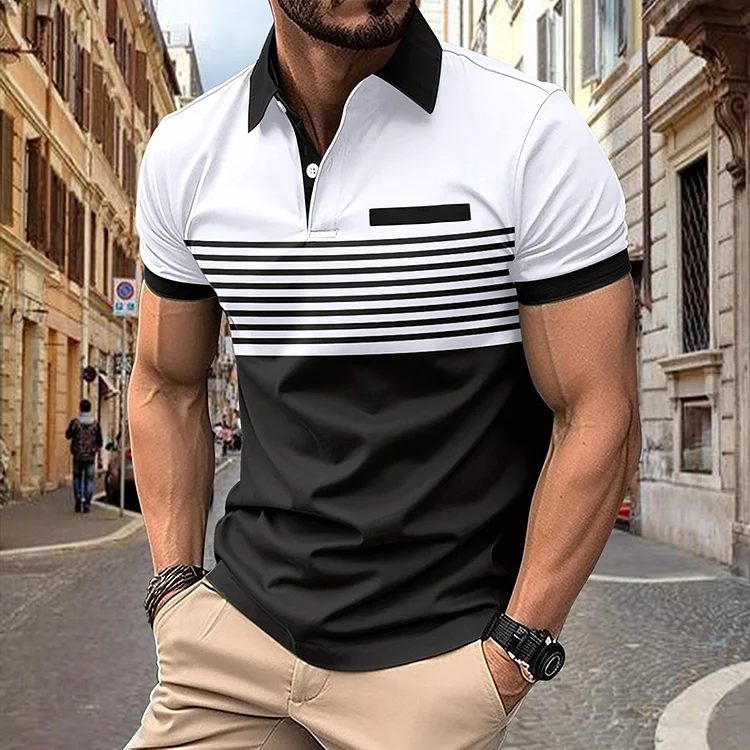 PASUXI Men's Casual Polo Shirt Fake Chest Pocket Design Color-Blocking Striped T-Shirt Combo huanwei
