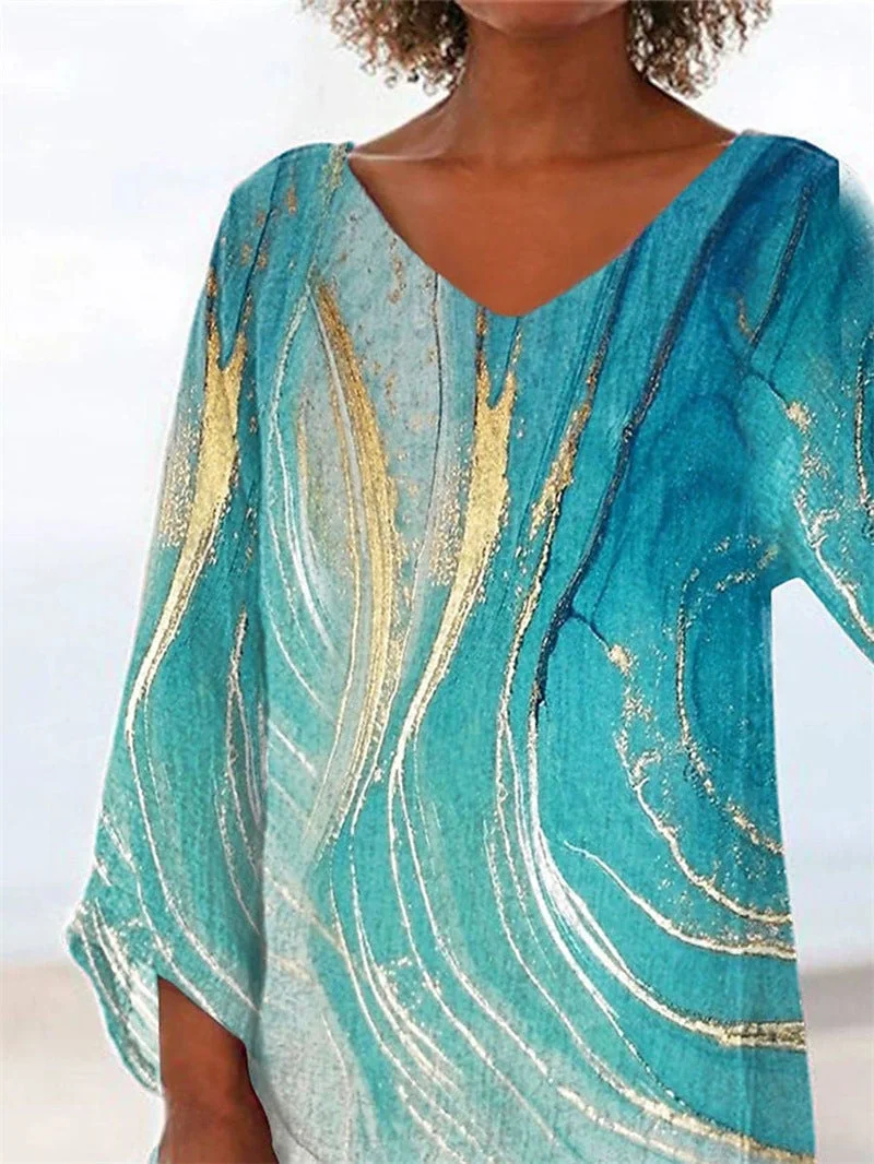 Uveng Printed Long Sleeve V-neck Patchwork Blouses