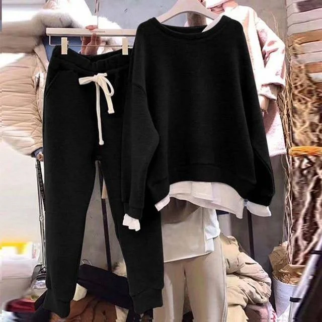 Two Piece Set Women Loose Sweater Tracksuit Soild Color Sweater Pants Style Outfit Sets Female Outwear Suits