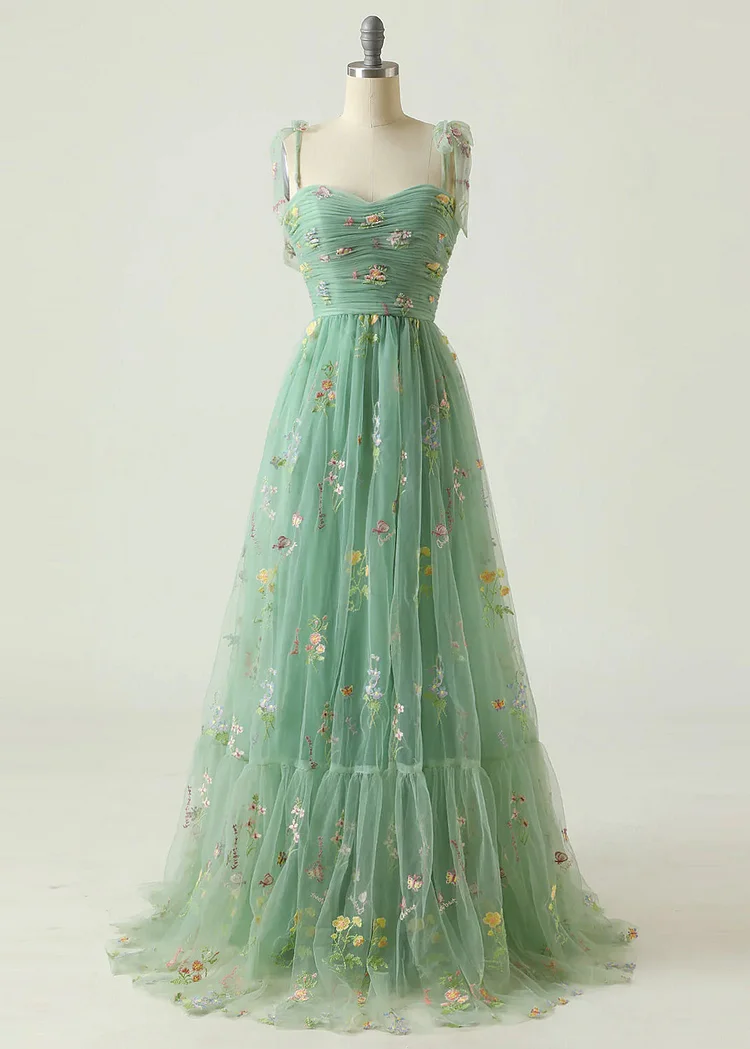 Fine Green Embroidered Wrinkled Patchwork Tulle Dresses Summer